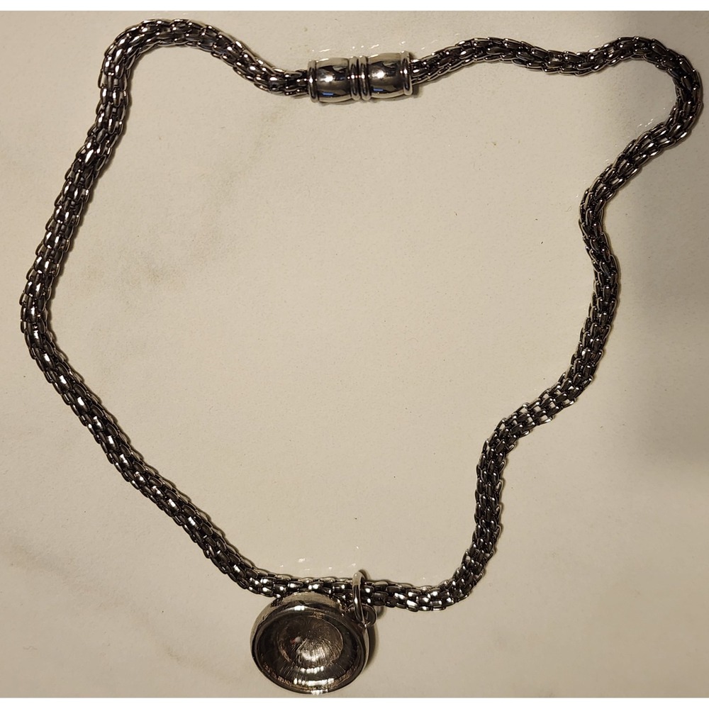 Silver Tone Black Enamel Rhinestone Halo Pendant Popcorn Chain Necklace 16" - Picture 6 of 7